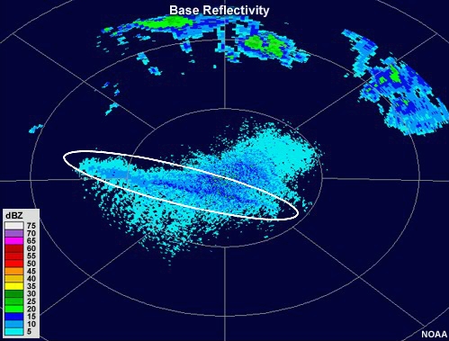 Radar reflectivity animation showing an enhanced strip of low reflectivity moving north amongst very low reflectivity clutter