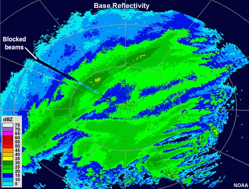 Radar reflectivity animation showing a large, steady band of moderate intensity precipitation and several smaller bands of light intensity that come and go.