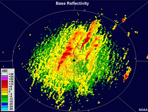 radar reflectivity showing several long, narrow lines of low value that advect over time.