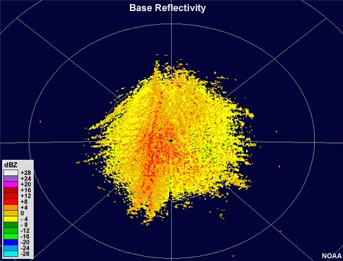 Radar reflectivity animation showing a distinct low-reflectivity fine line oriented from southwest to northeast.  Several intense thunderstorms develop a short distance ahead of the line.