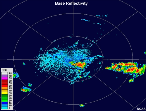 Radar reflectivity showing an circular fine line that emanates from a cluster of small but intense thunderstorm cells.