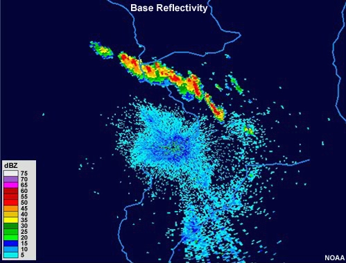 Loop of radar reflectivity showing strong convective cells training over the same basins for 5 hours